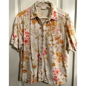 Vintage Erika Floral Hawaiian Button Down Linen Top Size Large